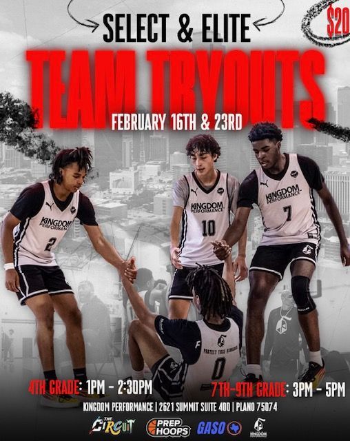 Basketball tryouts for all players on Feb 16th & 23rd. 4th grade 1 PM, 7th-9th 3 PM. Fee: $20.