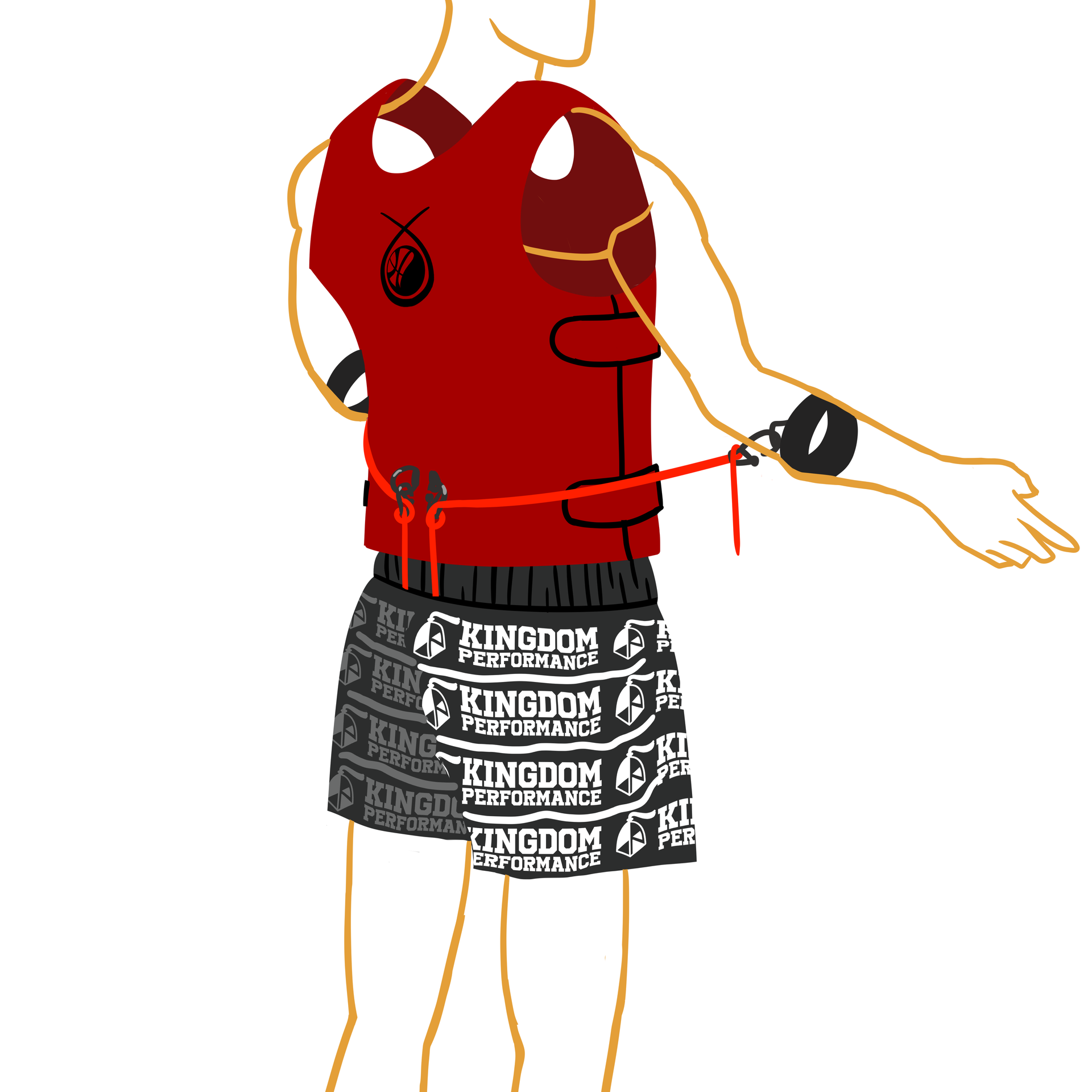 A person in a red vest and black shorts with a tethered arm.