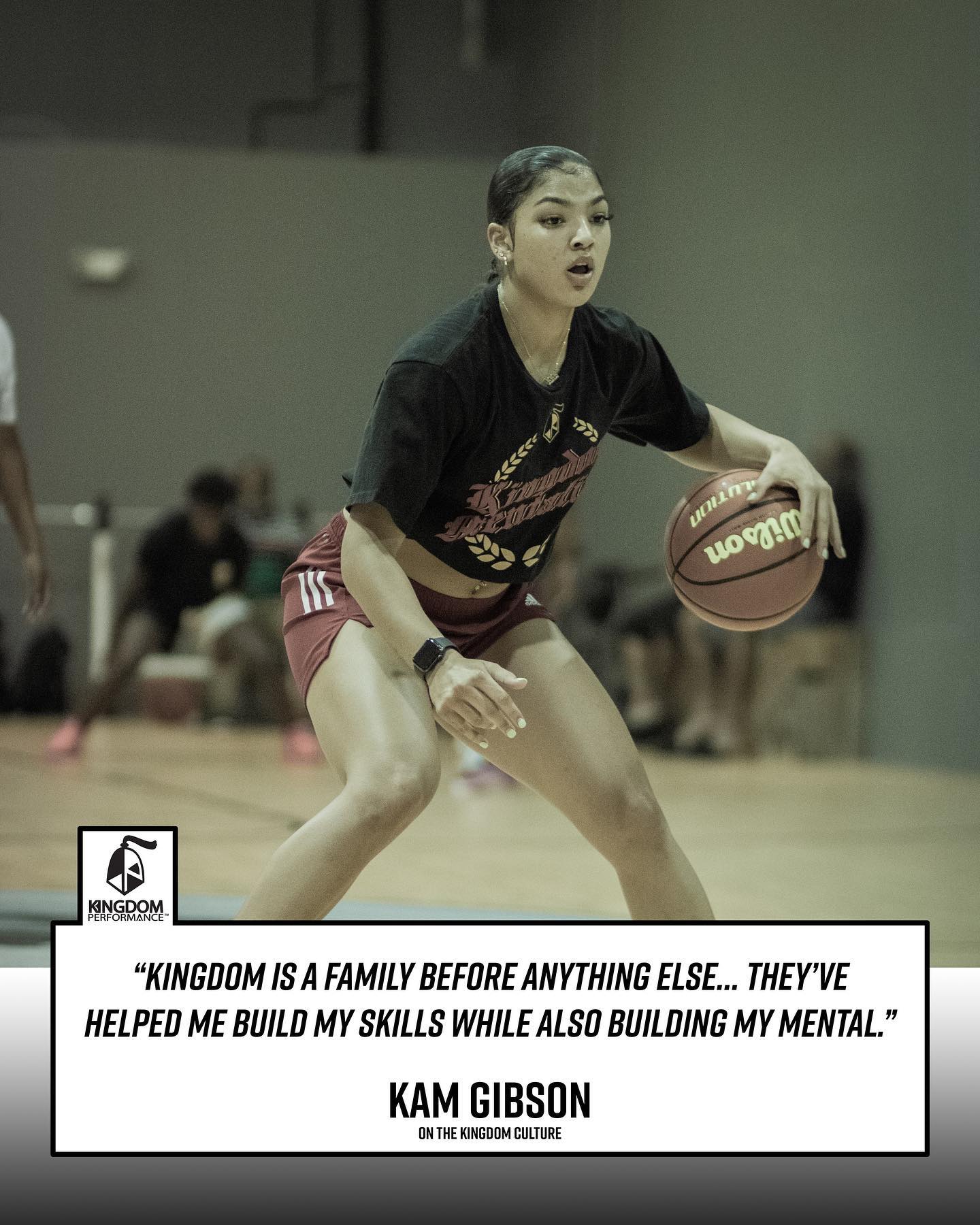 Woman dribbles a basketball on a court. Quote: