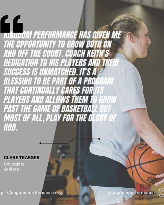 Basketball player, Clare Traeger, holding a ball with a quote: