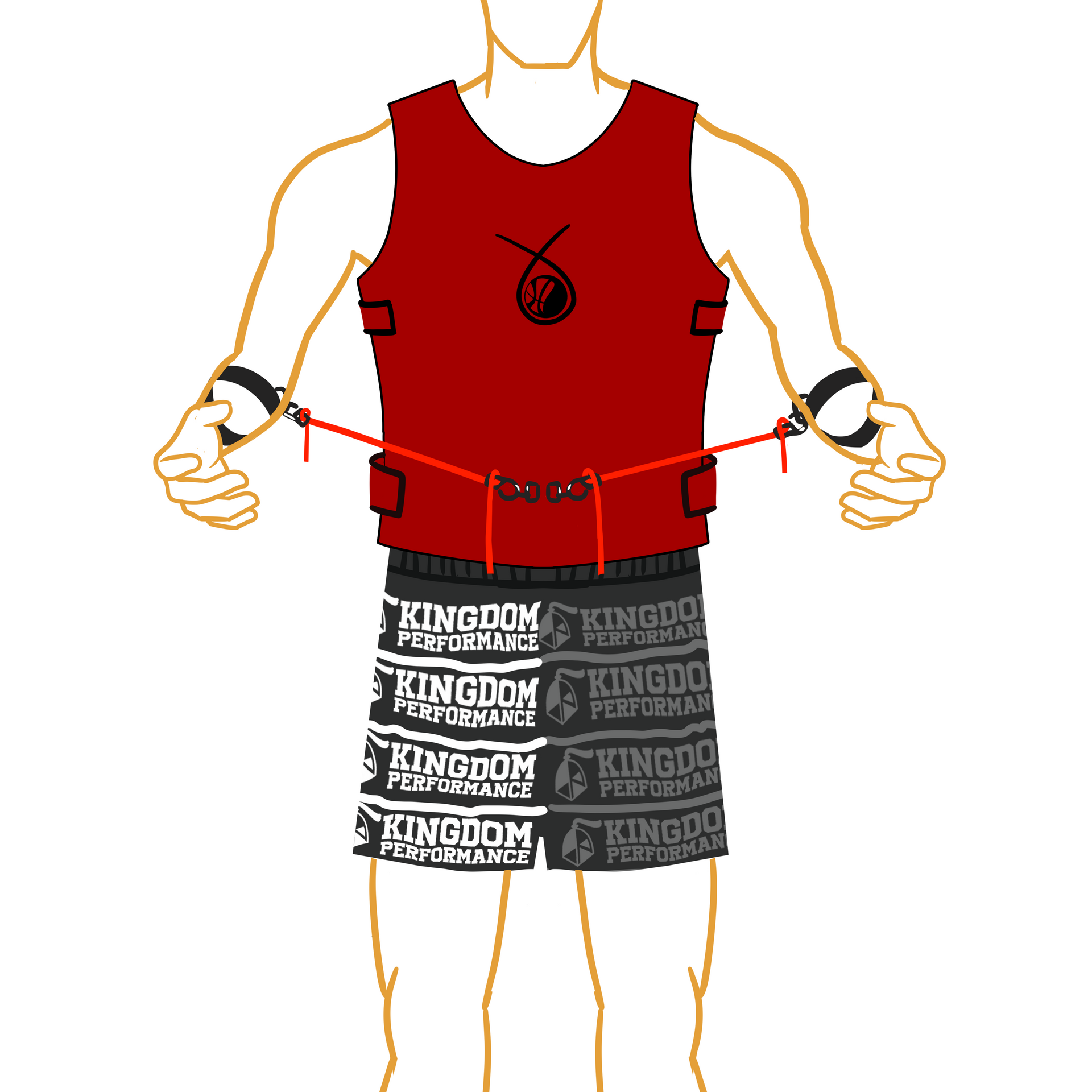 Person wearing red weight vest and shorts, holding resistance bands attached to the vest.