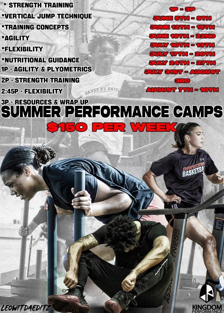 Summer performance camp flyer with athletes, training exercises, and schedule details. Cost is $150/week.