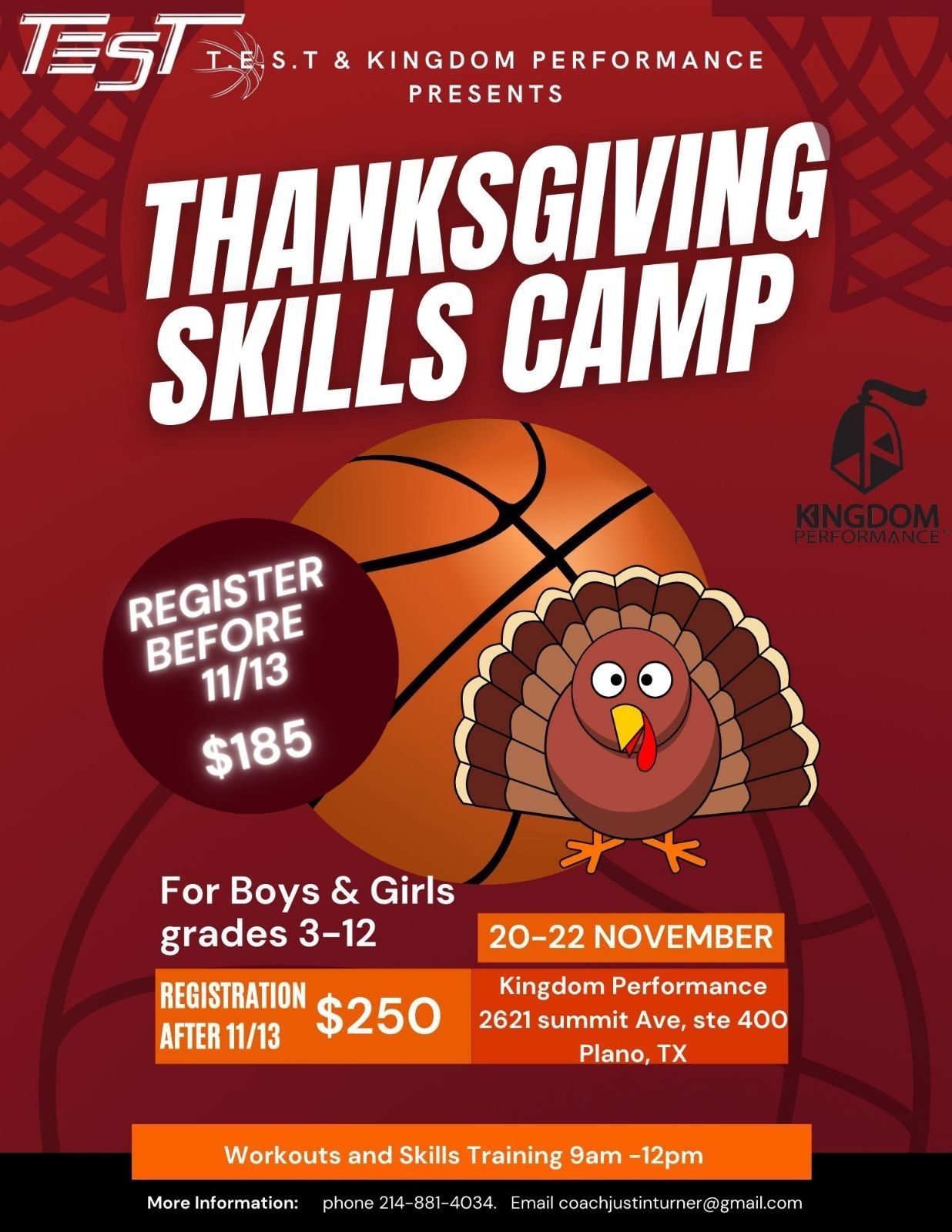 Thanksgiving Skills Camp flyer. Basketball with turkey graphic. For boys & girls, grades 3-12. Plano, TX. Dates: Nov 20-22.