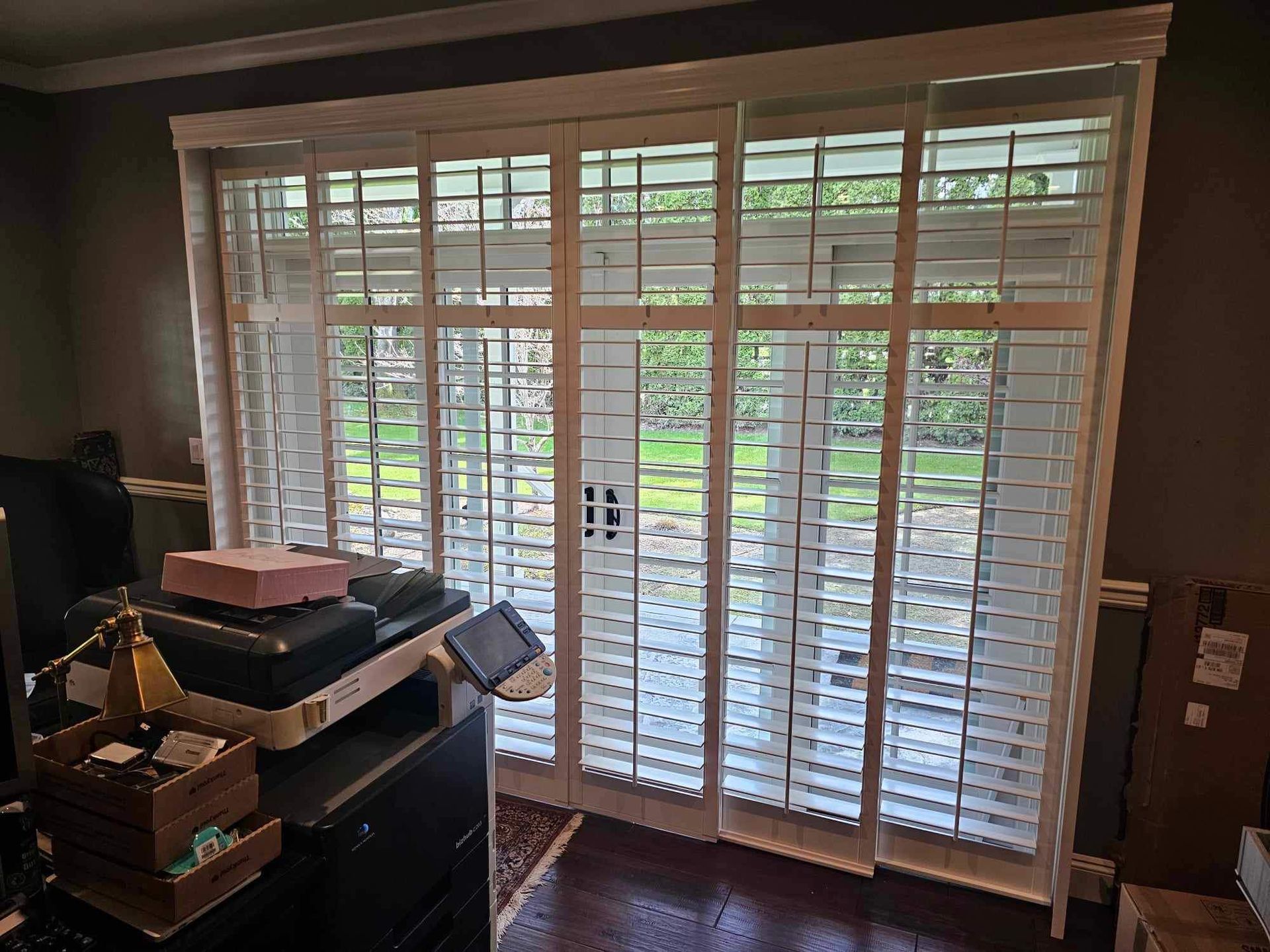 An office with new blinds on French doors in Medford, Oregon. 