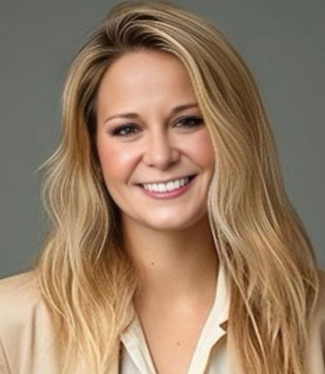 Blond woman smiling, wearing a light-colored blazer and shirt, against a gray background.
