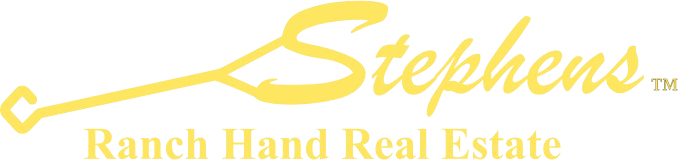 Yellow logo: "Stephens" in cursive, with a stylized line and text "Ranch Hand Real Estate."