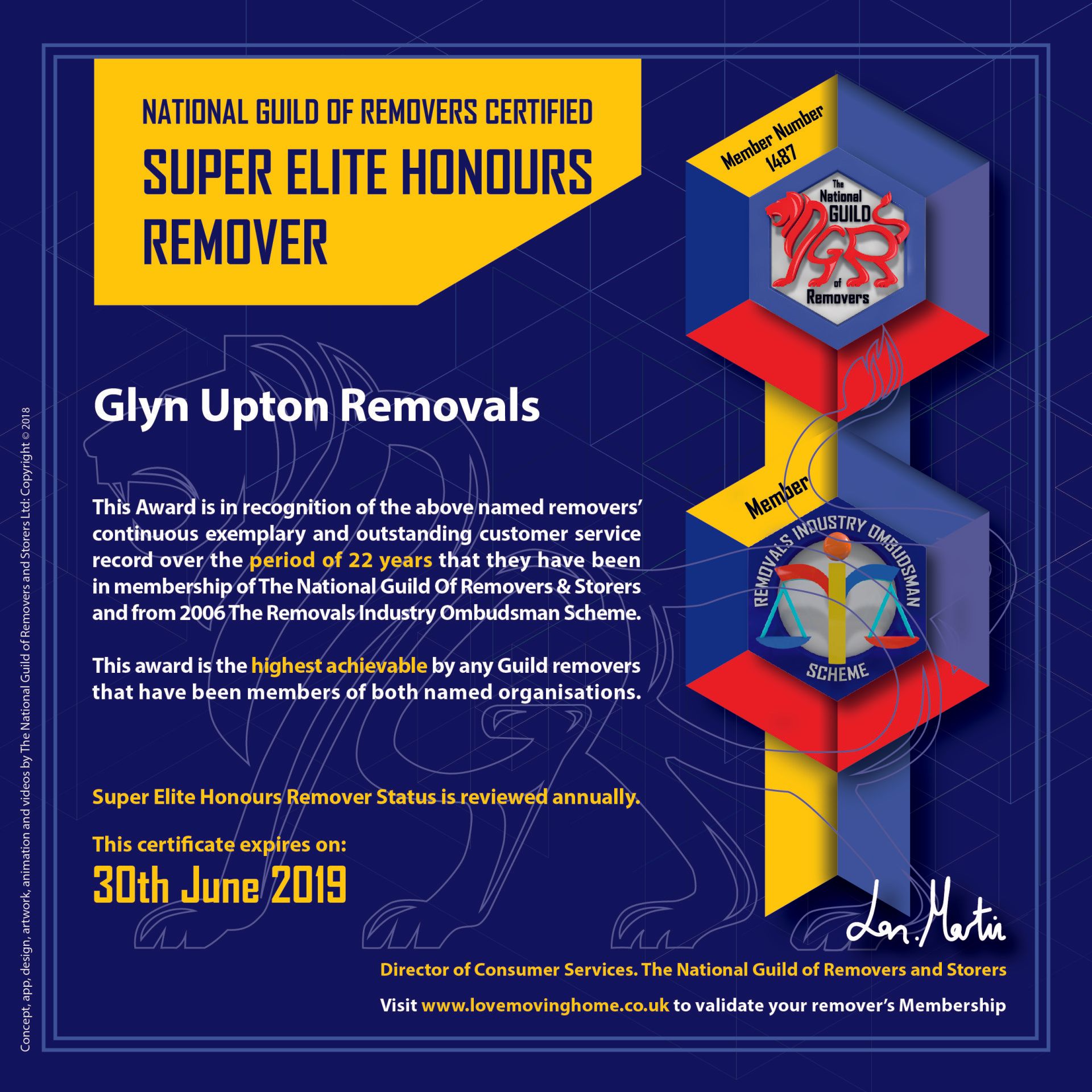 National Guild of Removers Certificate
