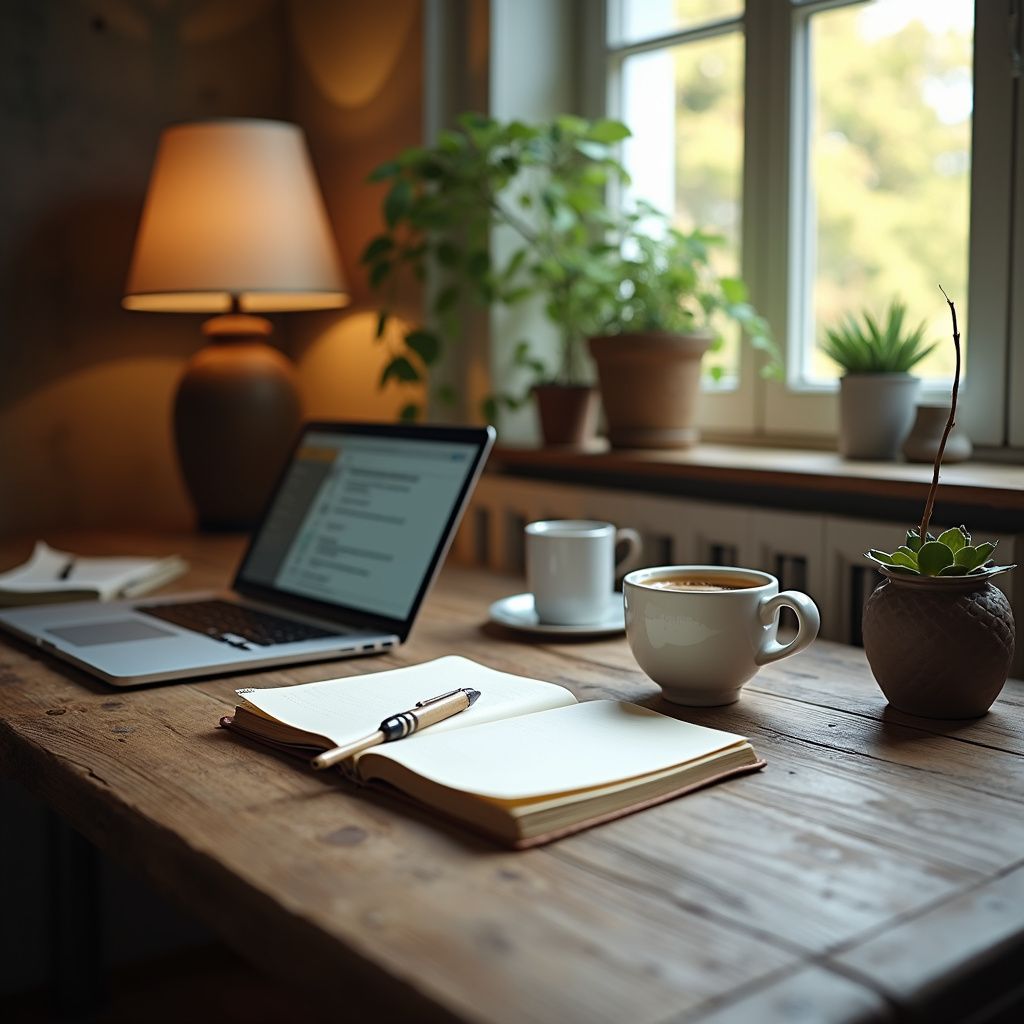 Laptop, notebook, coffee cup on wooden desk by window with plants.