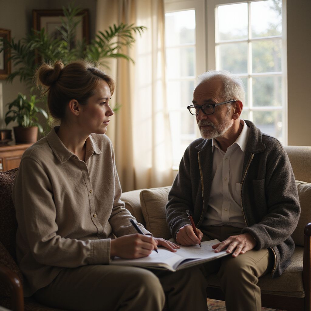 Woman and older man sit on a couch, writing in notebooks. Soft interior with a window in the background.