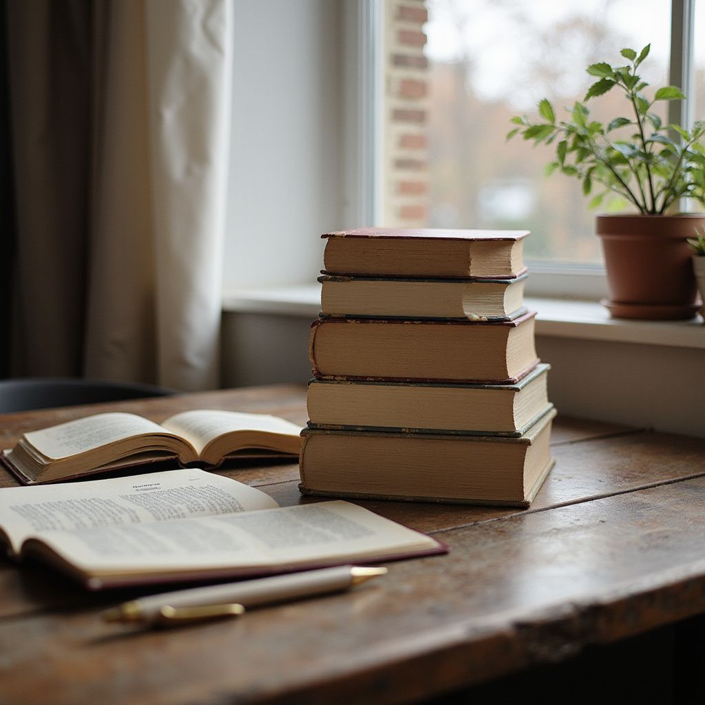 Books stacked on a wooden table; open books and a pen nearby, by a window with a plant.
