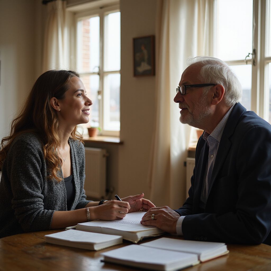 Woman and man in conversation at a table, both smiling; notebooks open; natural light from window.