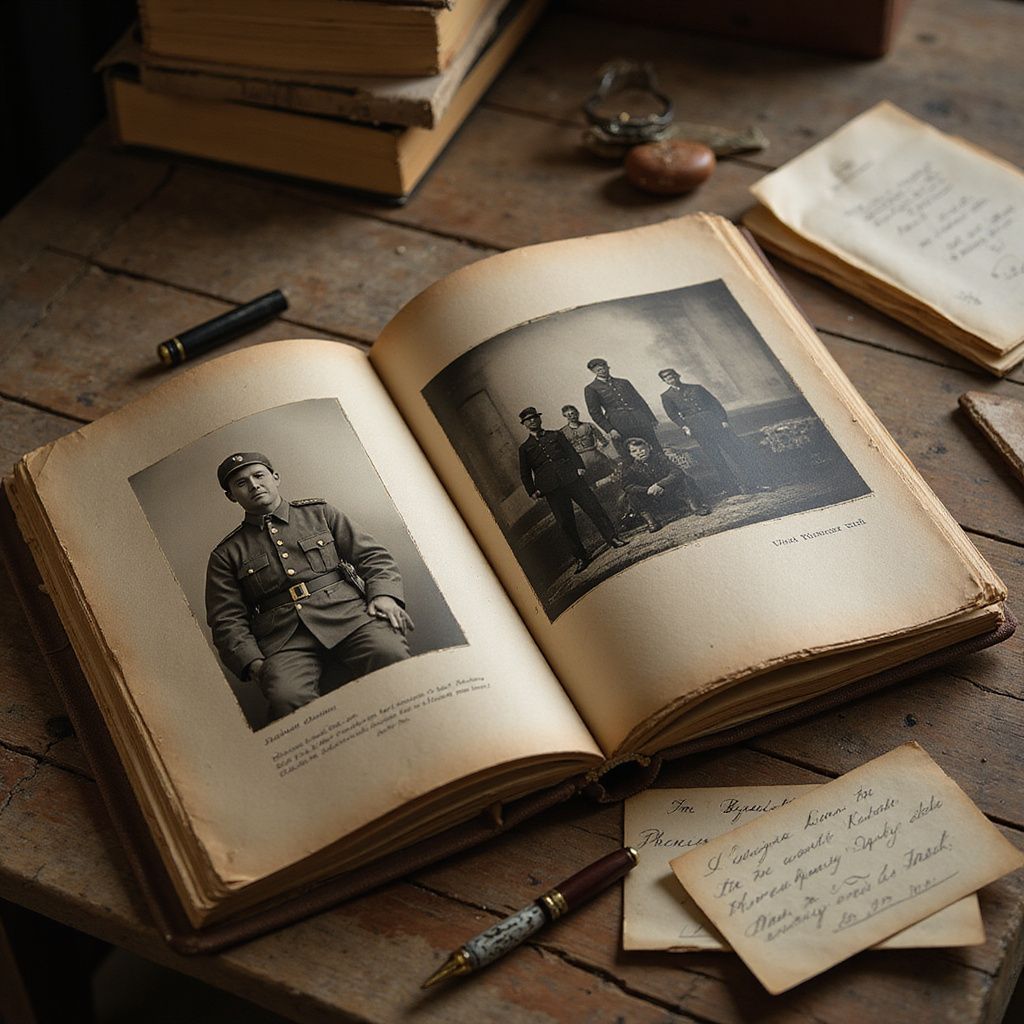 Open antique photo album with portraits, pen, and handwritten letters on a wooden table.