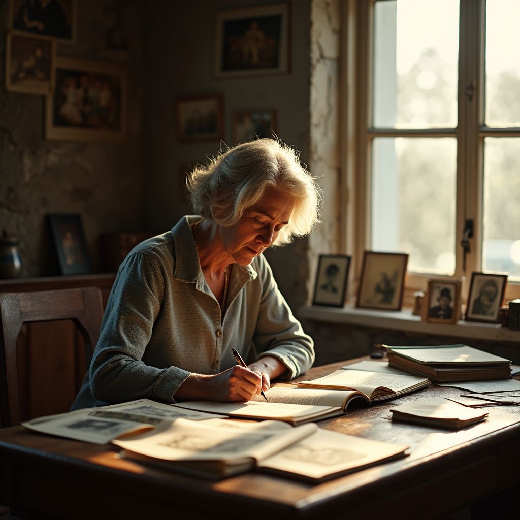 Woman seated at a desk, writing in a book. Sunlight streams through a window, illuminating her work area.