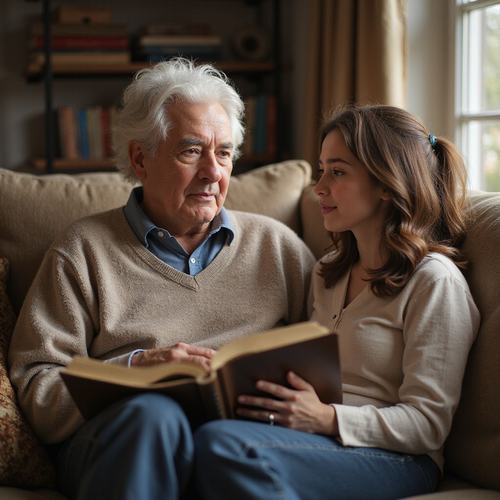 An older man and a younger woman read a book together on a couch indoors.