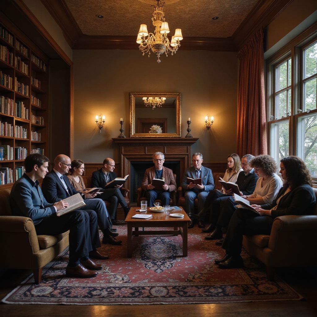 Group of people reading books in a library, seated around a table and couches.