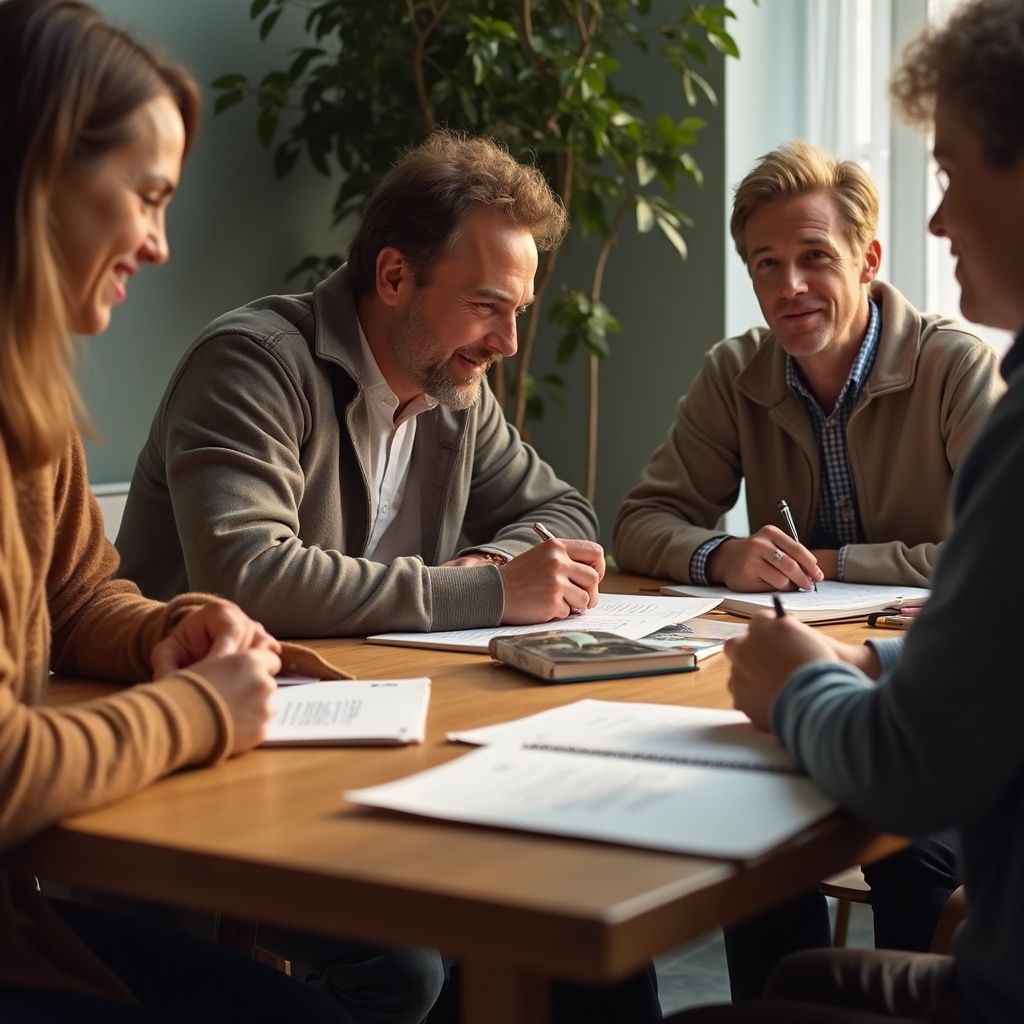 Four people at a table, writing on paper. Bright room, natural light, smiling, discussing.