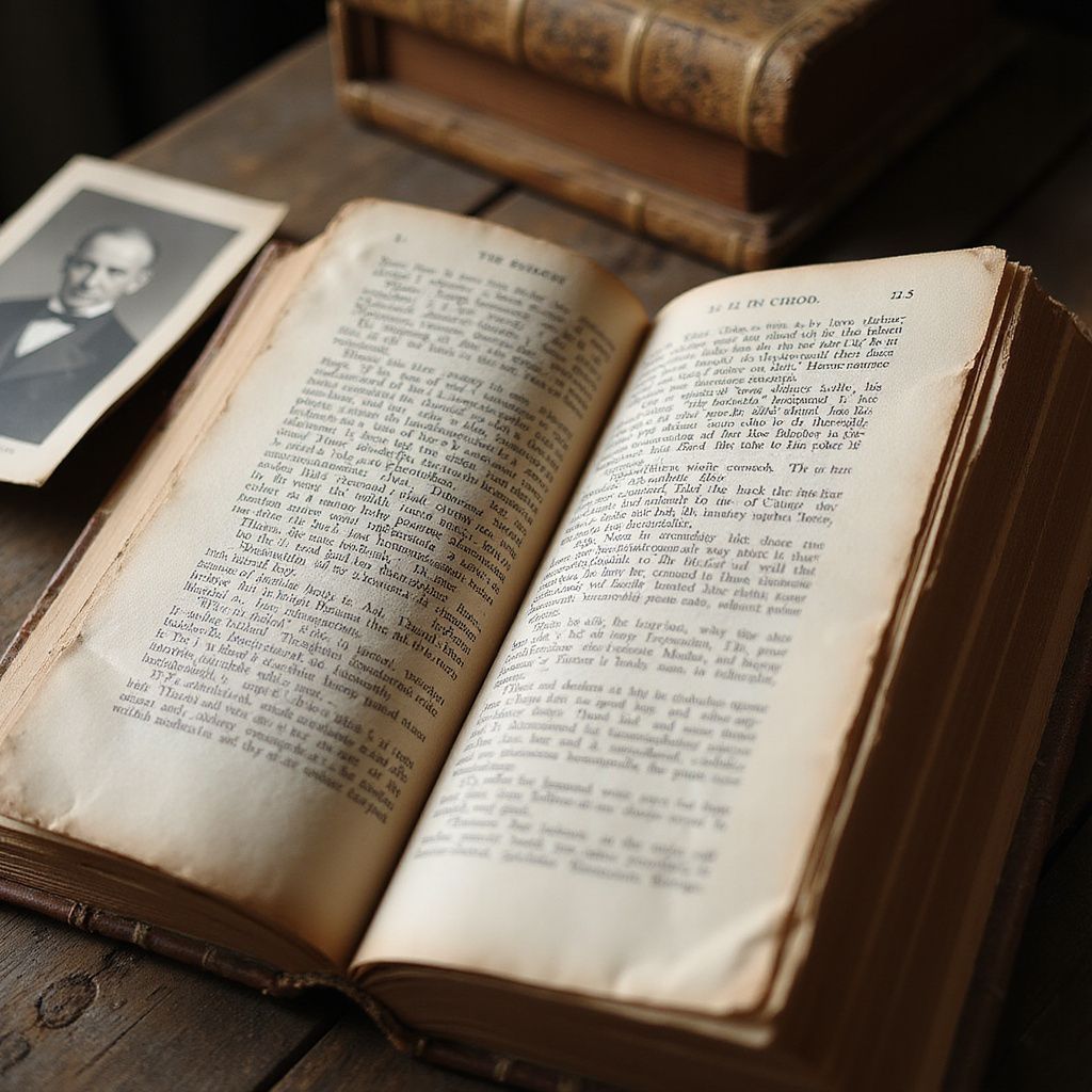 Open antique book on a wood surface, photo of a man and a stack of books in background.