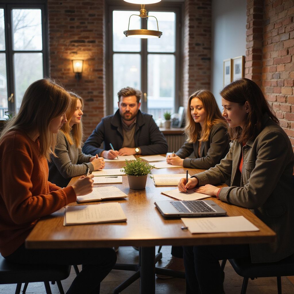 A group of people collaborating at a wooden table in a room with exposed brick and windows.
