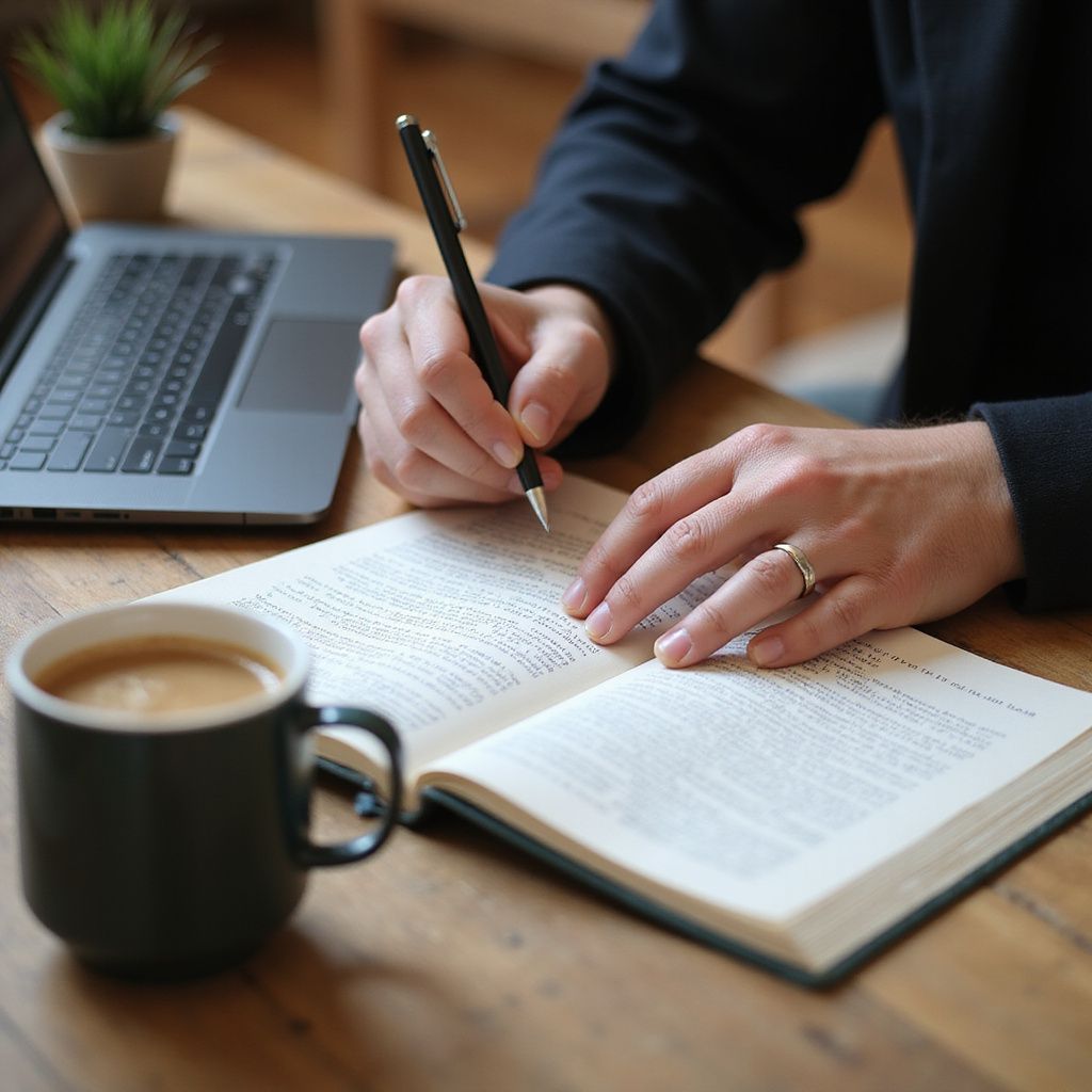 Person writing in a book at a wooden table with a laptop and coffee mug.