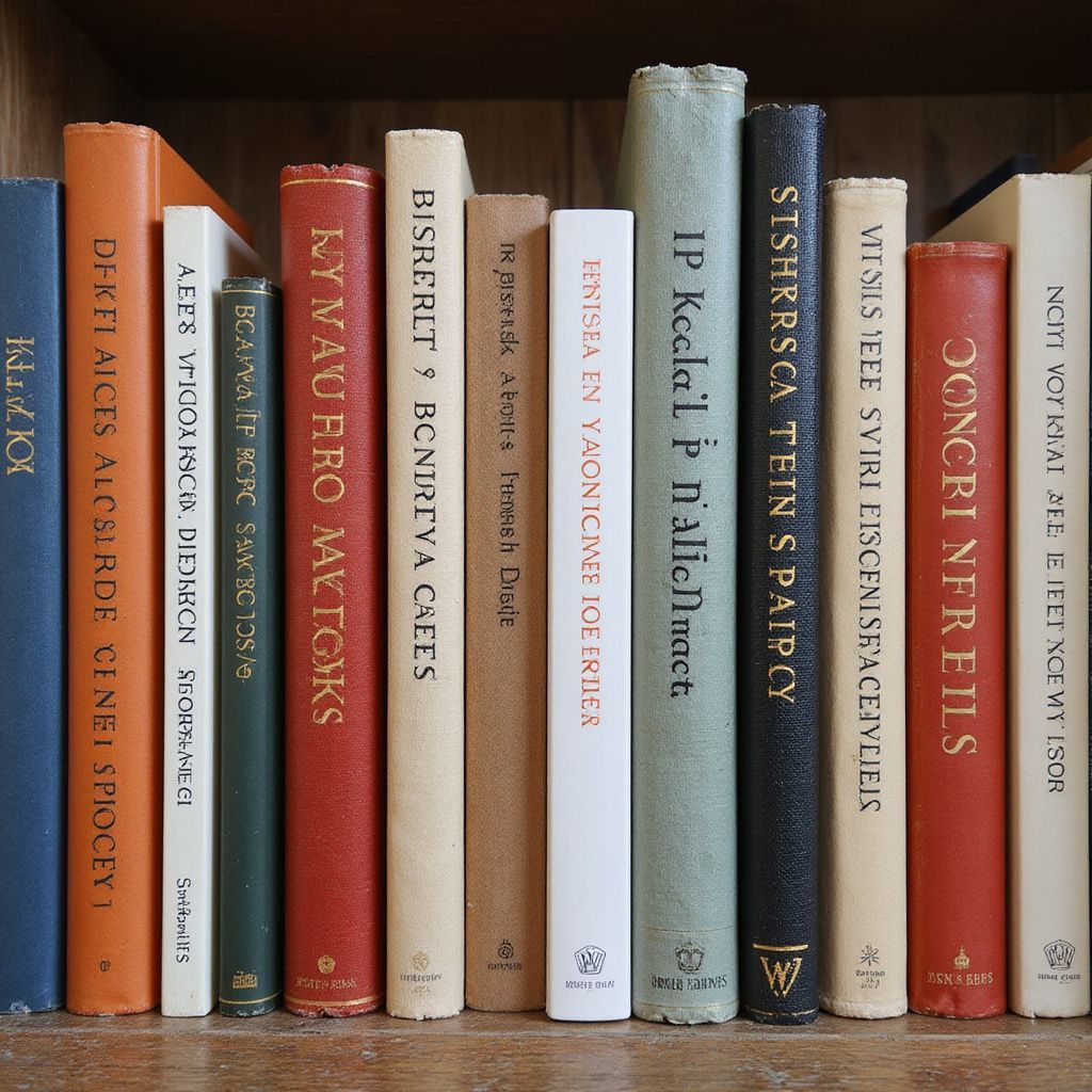 Bookshelf with a row of colorful books. Various sizes and titles visible.