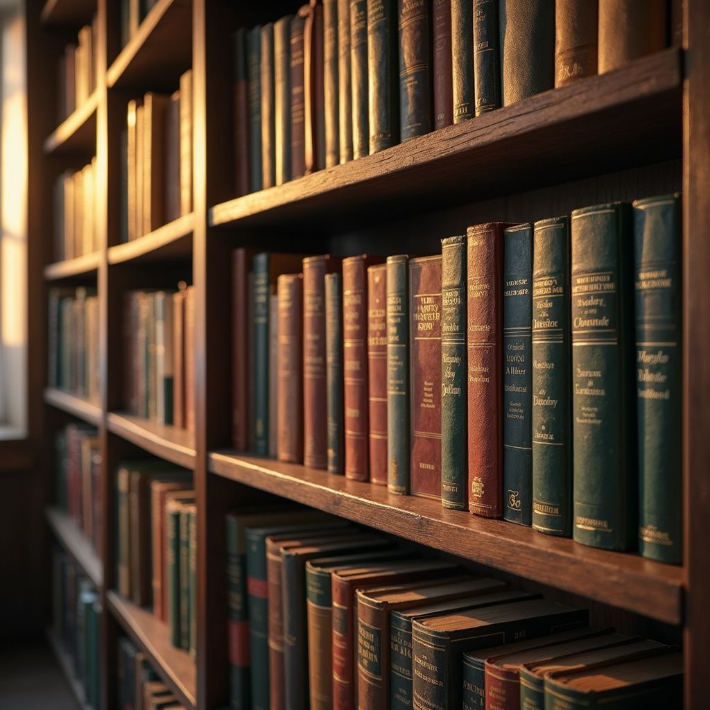 Bookshelves filled with leather-bound books in a warmly lit library.