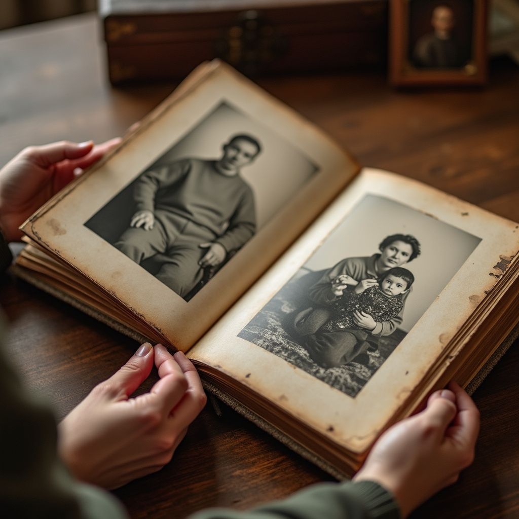 Hands holding open old photo album, displaying black and white portraits on aged pages.