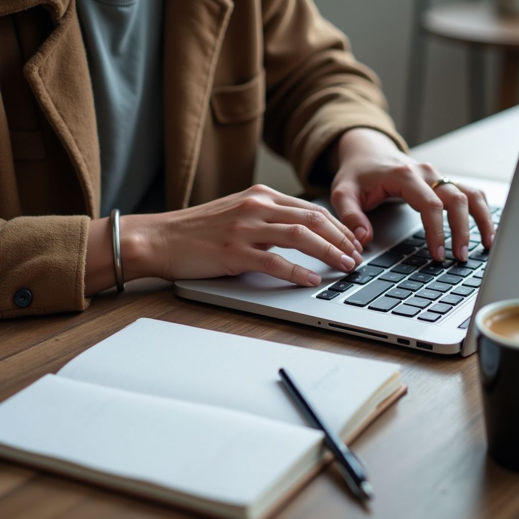 Person typing on a laptop with a notebook and coffee cup on a wooden table.