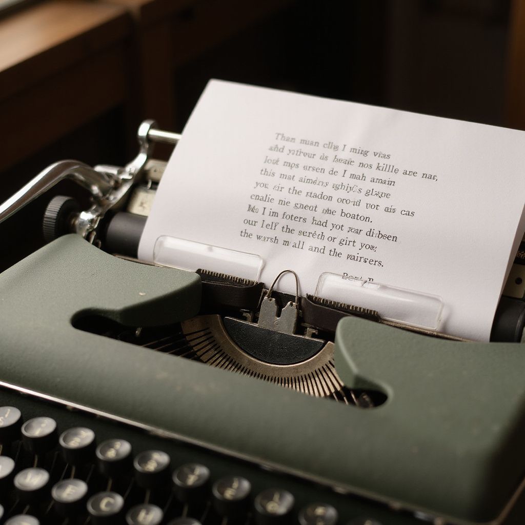 A vintage green typewriter with a sheet of paper containing typed text.