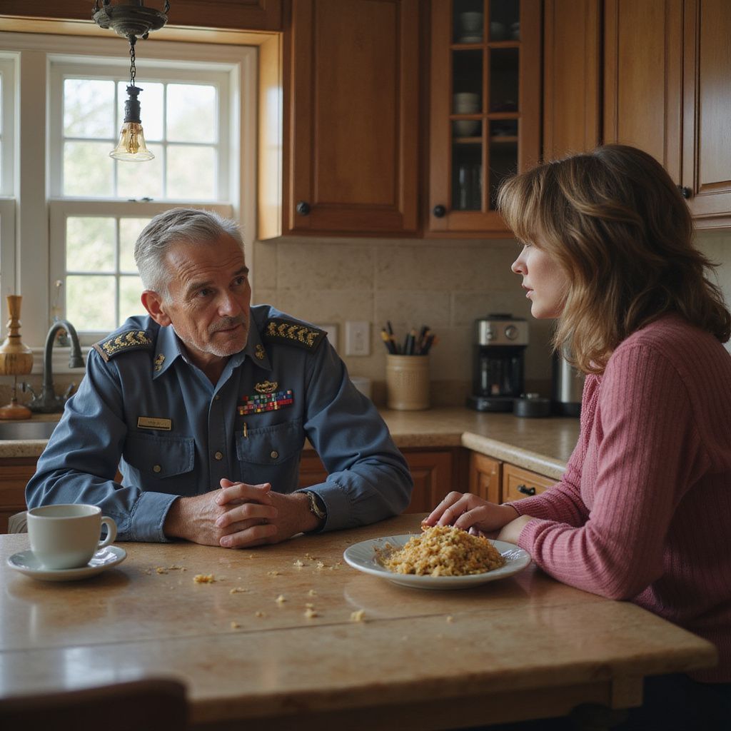 Man in uniform and woman at a kitchen table, conversing. Food on a plate; window in the background.