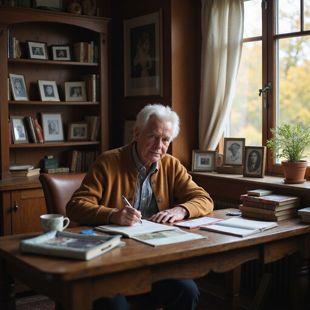 An older man writing at a desk in a study with a bookshelf and a window view of fall foliage.