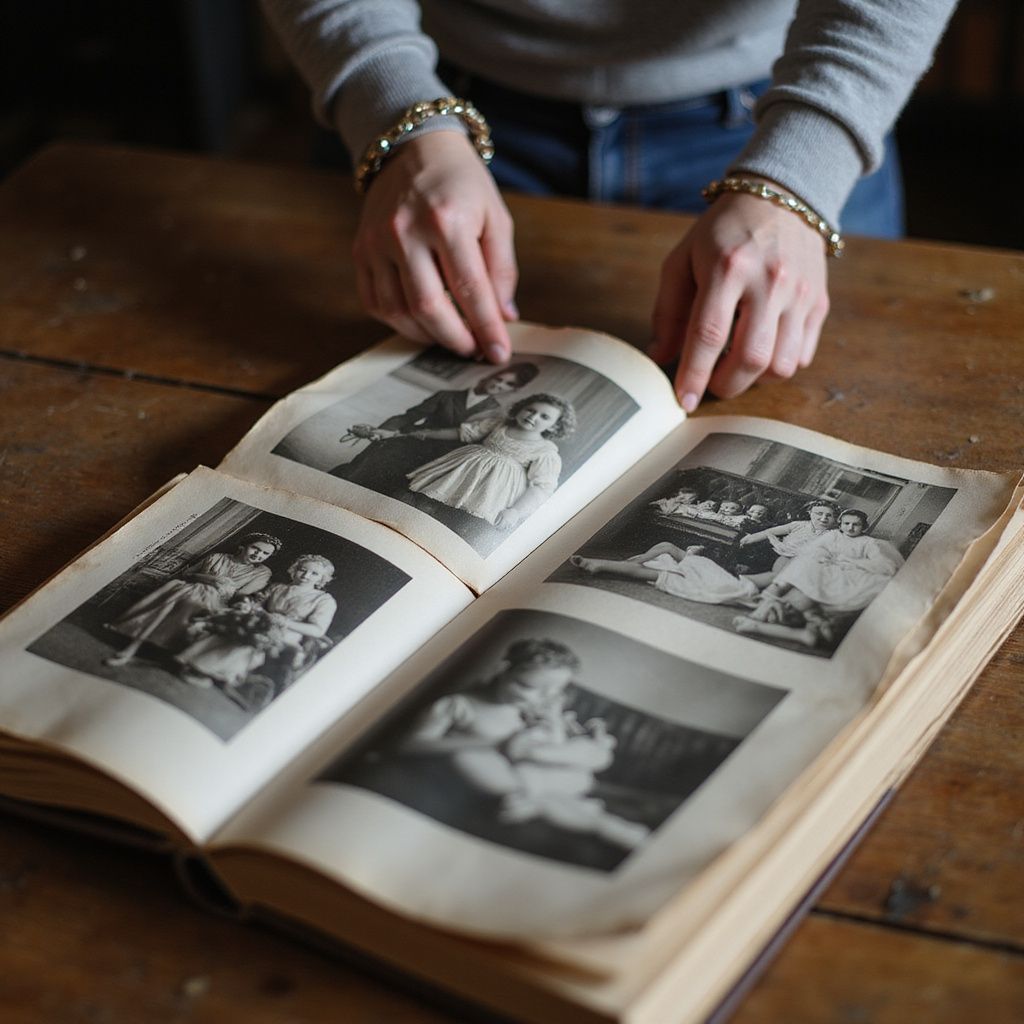 Hands turning pages of a vintage photo album, displaying black and white family photographs on a wooden table.