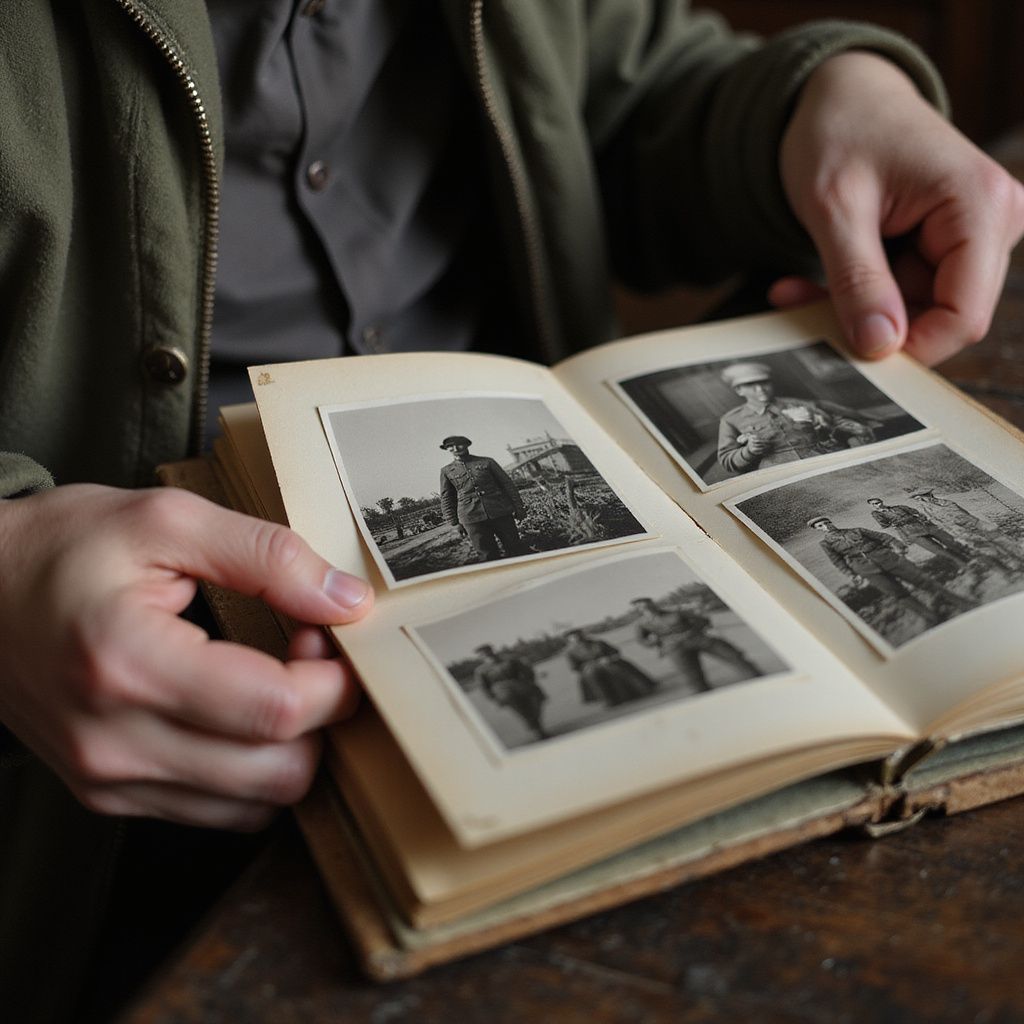 Person holding open a photo album with four old black and white photographs.
