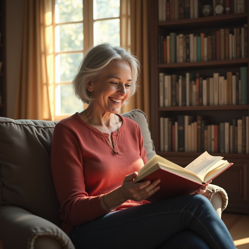 Woman in a living room, reading a book. She is smiling, sitting on a couch near a bookshelf and window.