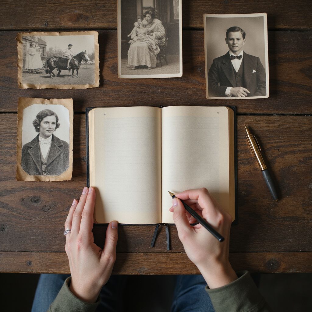 Person writing in a journal with vintage photographs on a wooden table.