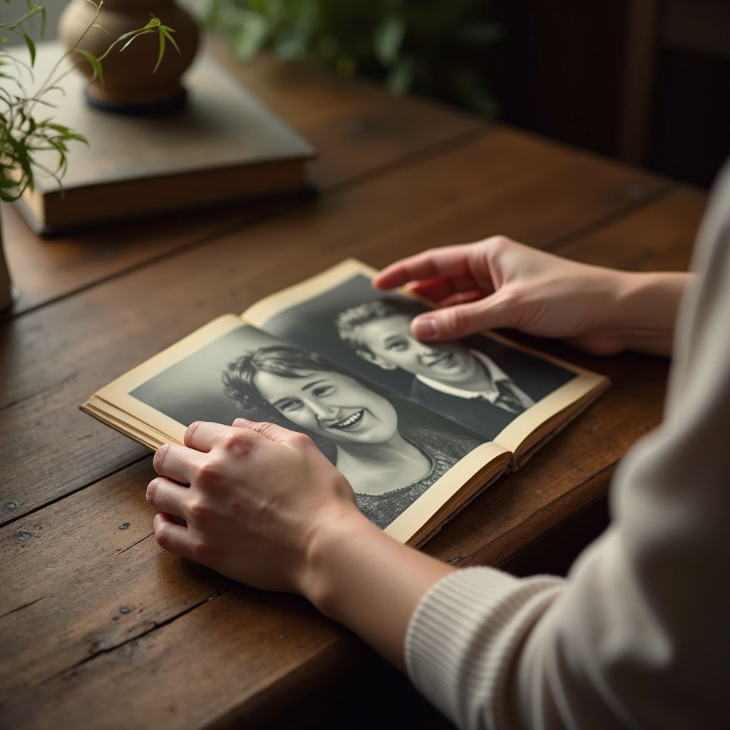 Hands holding open vintage photo album on a wooden table. The photos are black and white.