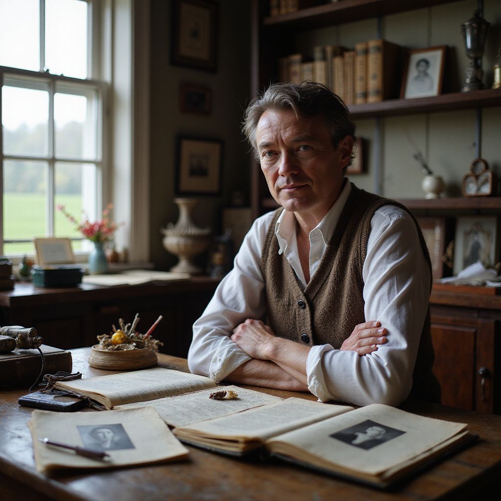 Man sits at a desk, arms crossed, surrounded by books and photographs in a study.