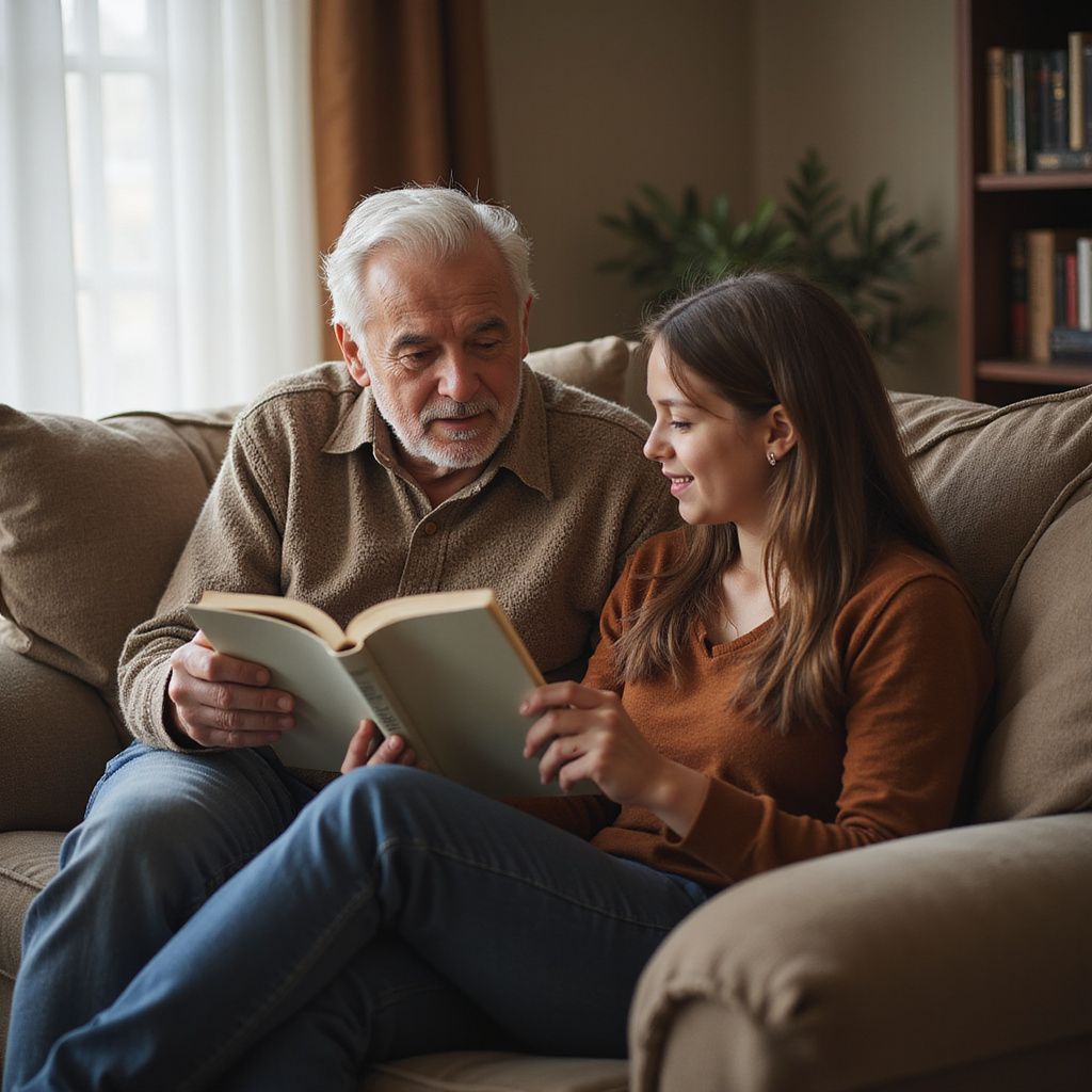 Older man and young woman reading a book together on a sofa, inside a living room.