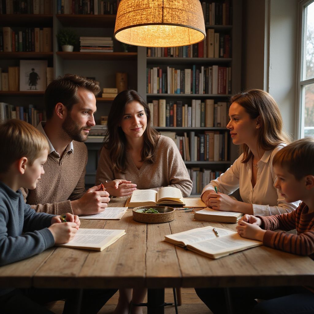 Family sitting around a wooden table, books open, under a warm light.