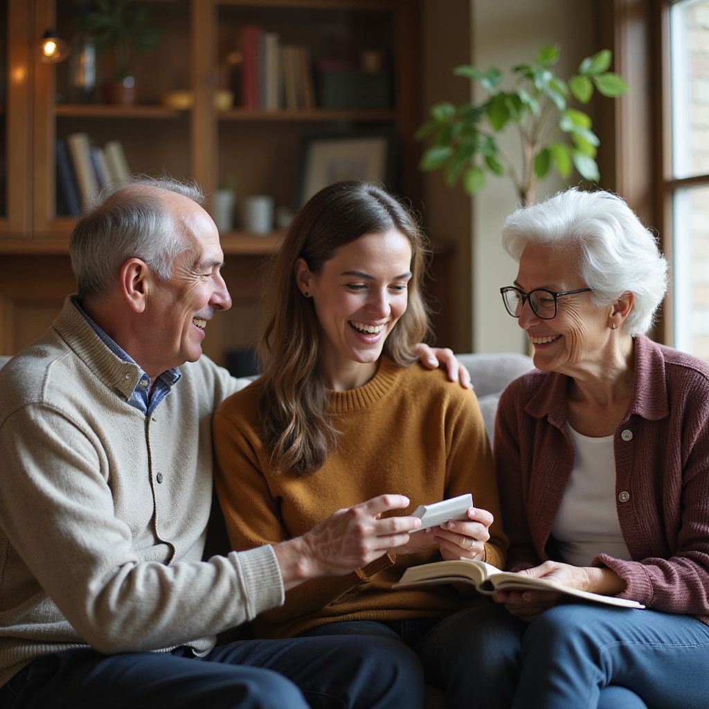Three people look at a photo album, smiling. Indoors, on a couch. The young woman has her arm around the man.