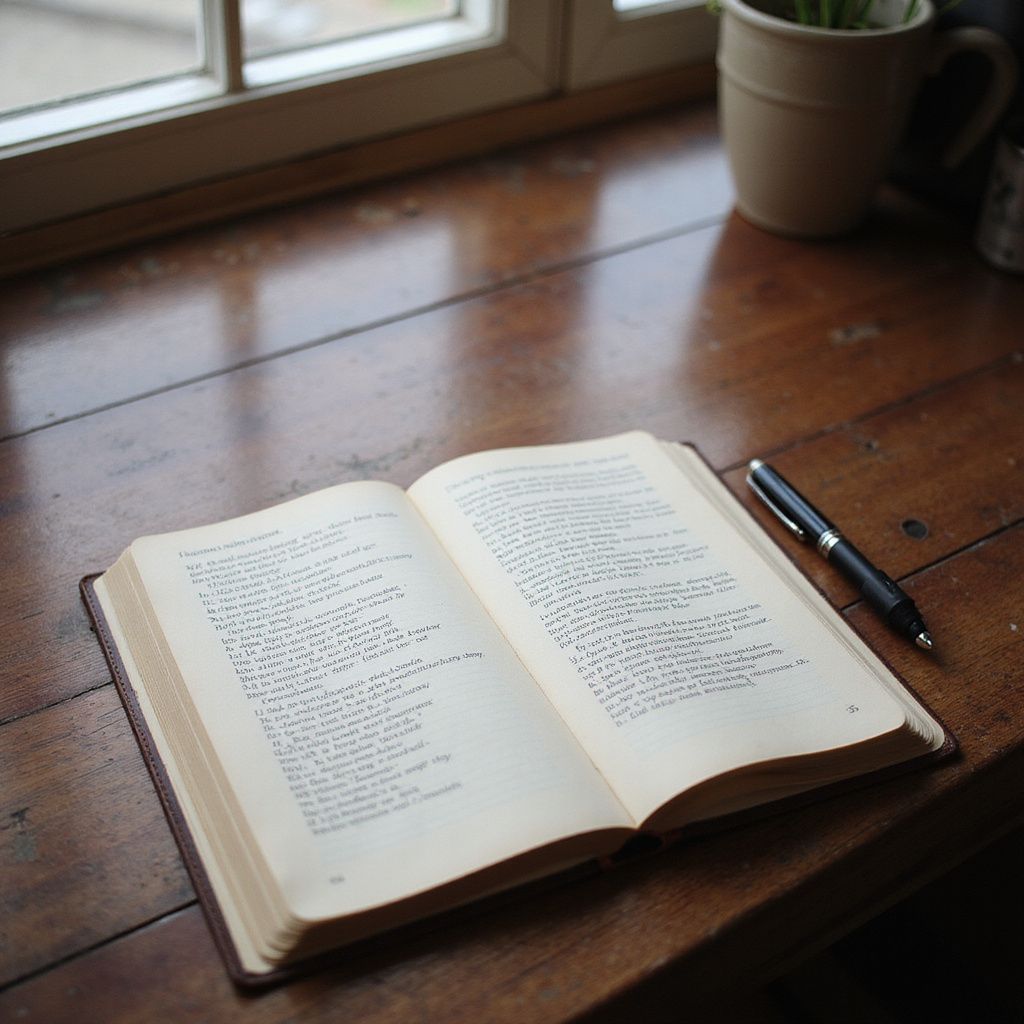 Open book and pen on a wood table, by a window with a small plant.