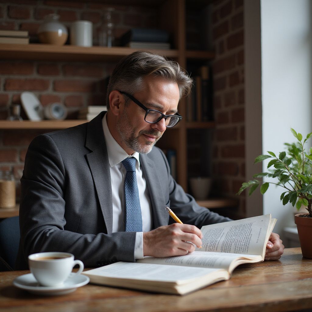 Man in suit and tie, writing in a book at a table with a coffee cup and plant.