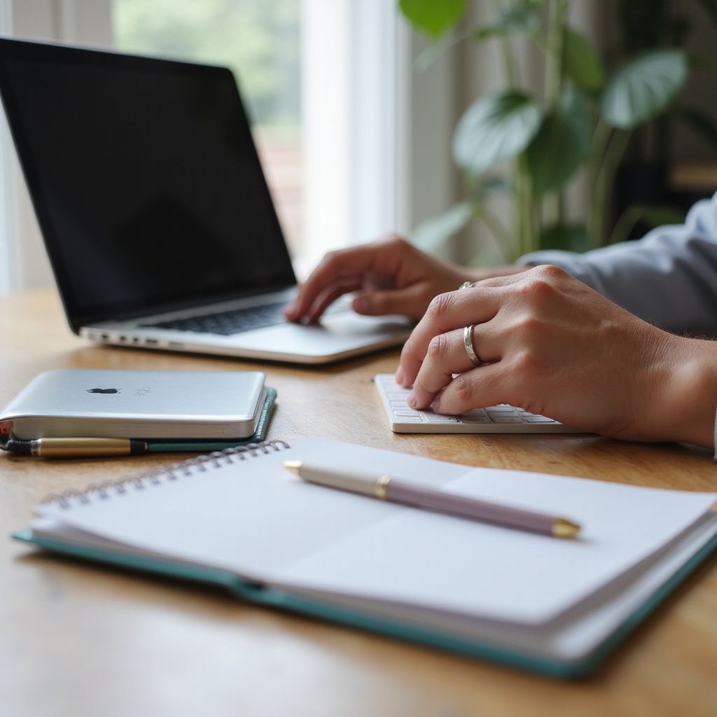 Person typing on laptop, hands visible, with notepad, pen, and external keyboard on wooden desk near window and plant.