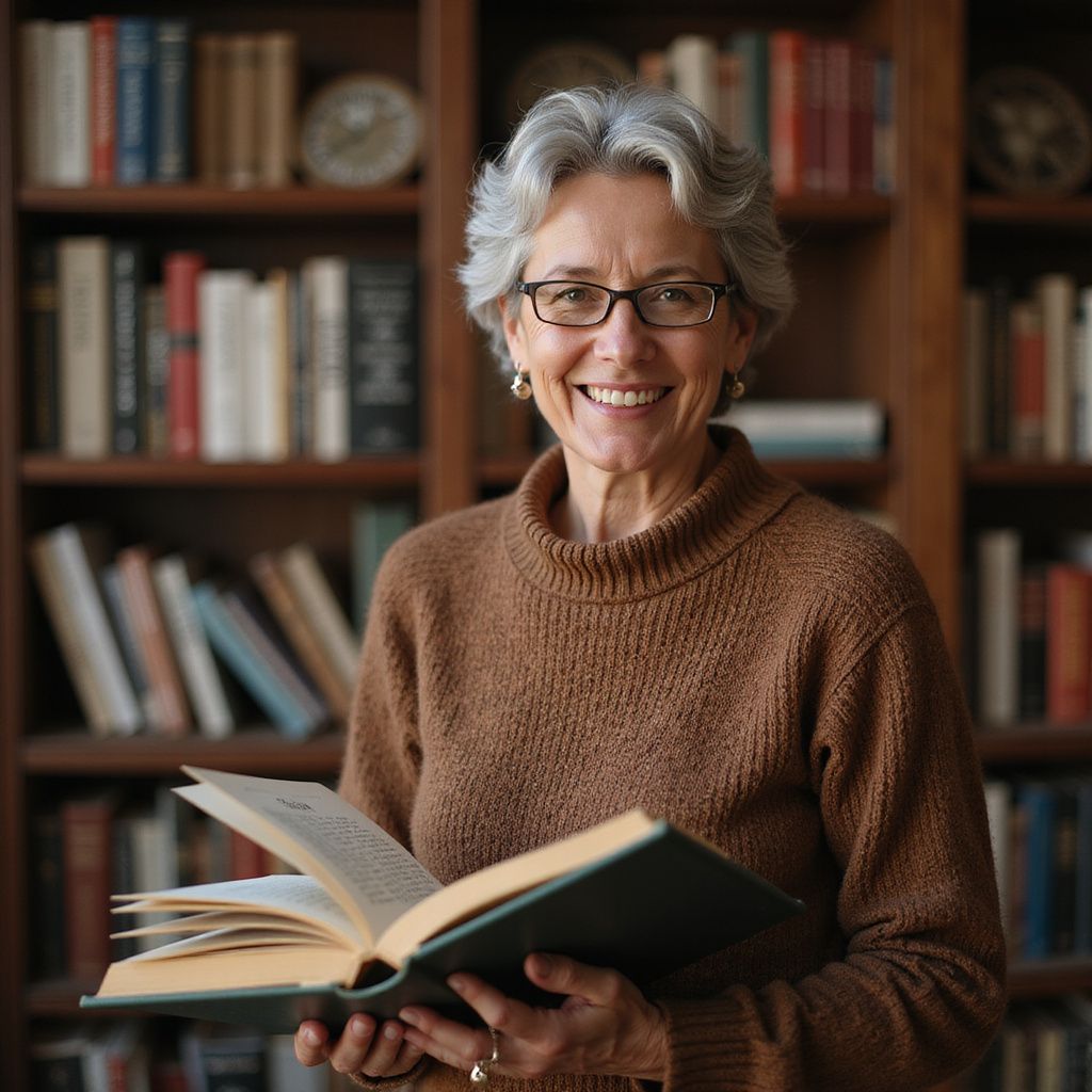Woman with gray hair and glasses smiling, holding open book in front of a bookshelf.