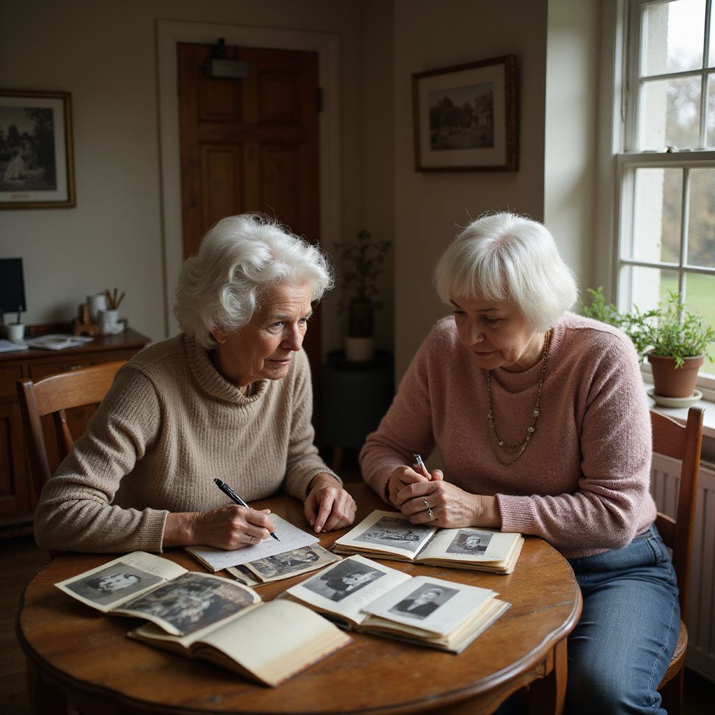 Two women looking at old photos around a table. One writes on a paper, sunlight streams in the window.