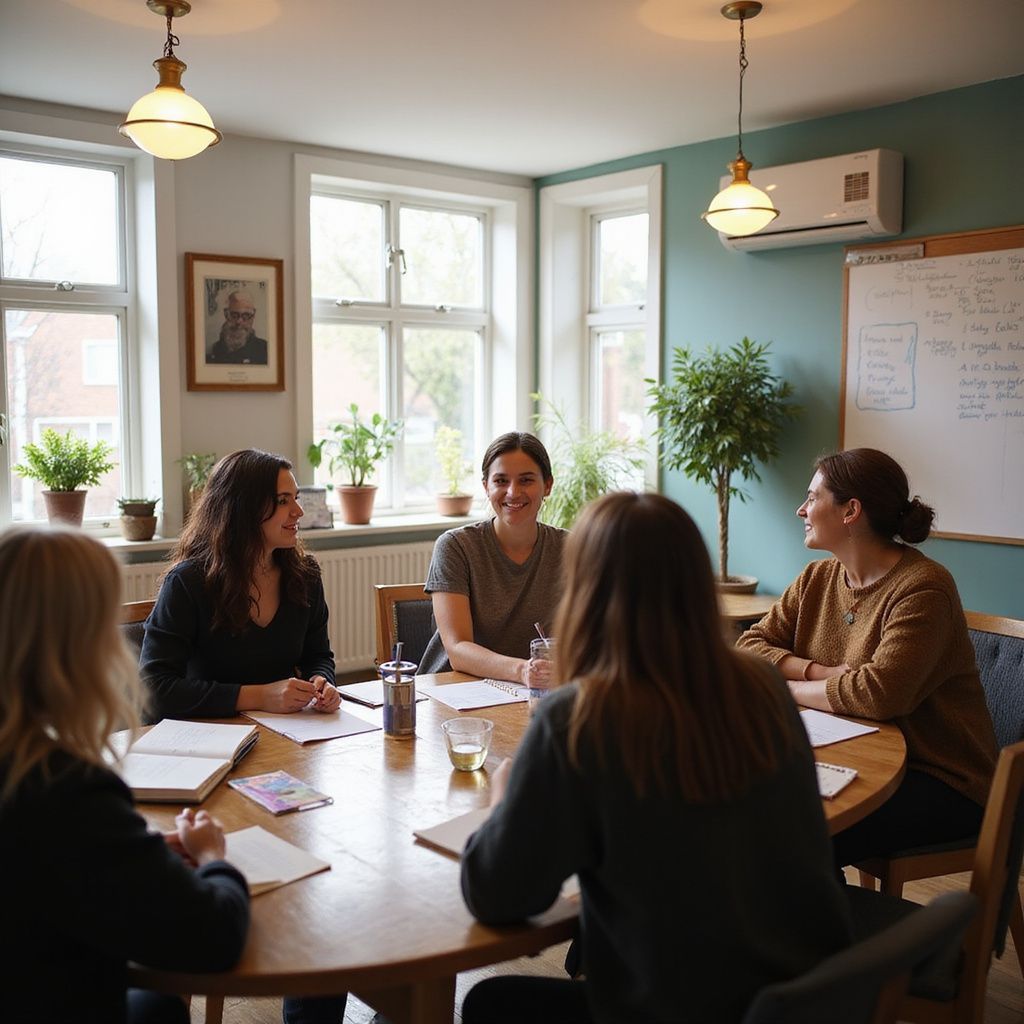 Five people seated around a round table in a meeting, papers in front of them.