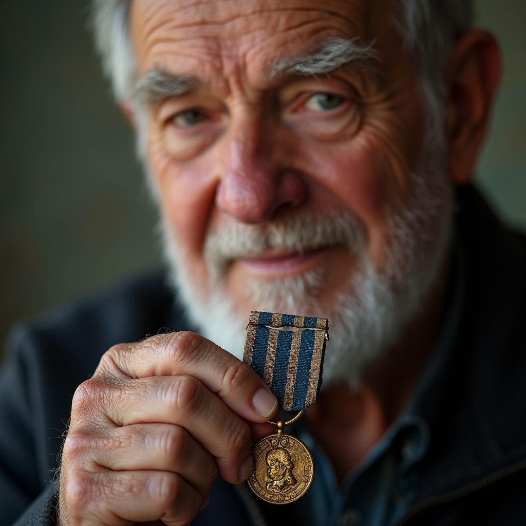 Older man holding medal, looking at camera. Medal has blue and brown ribbon.