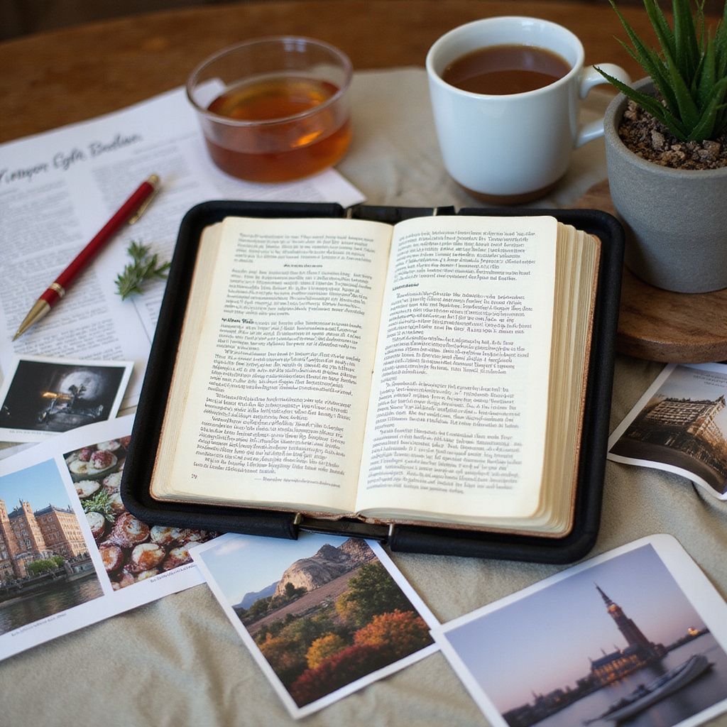 Open book on a tray with tea, photos, a pen, and a mug; on a table.