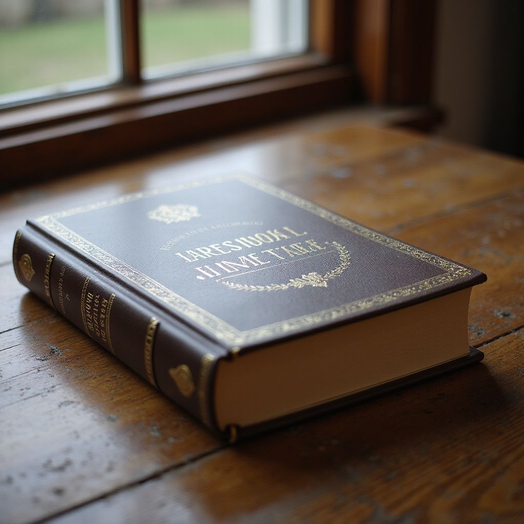 Leather-bound book on a wooden surface by a window. Brown cover with gold text and trim.