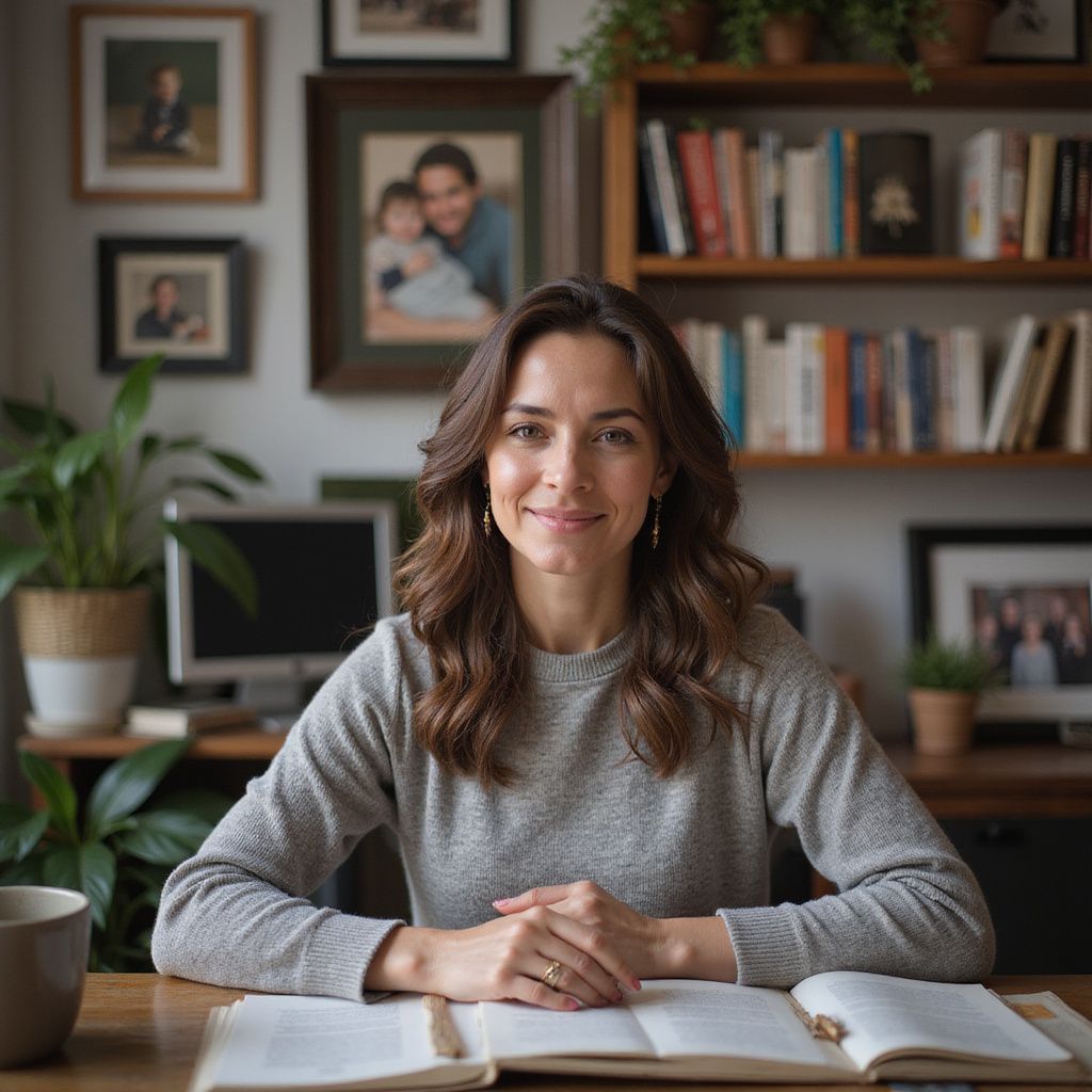 Woman seated at a desk, smiling. Hands clasped, books open. Behind, a bookshelf and framed photos.