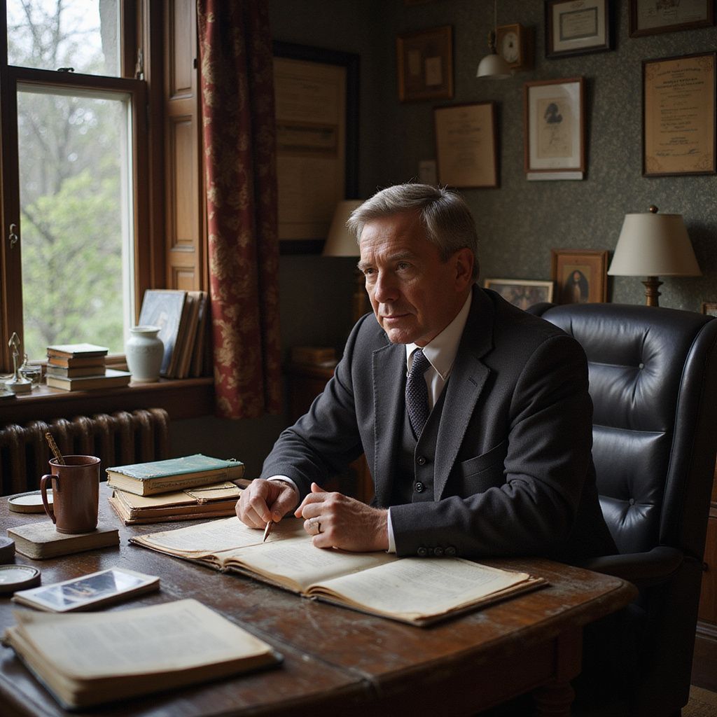 Man in suit seated at desk, writing in a book. Books and documents on the desk. Dark wood-paneled office.